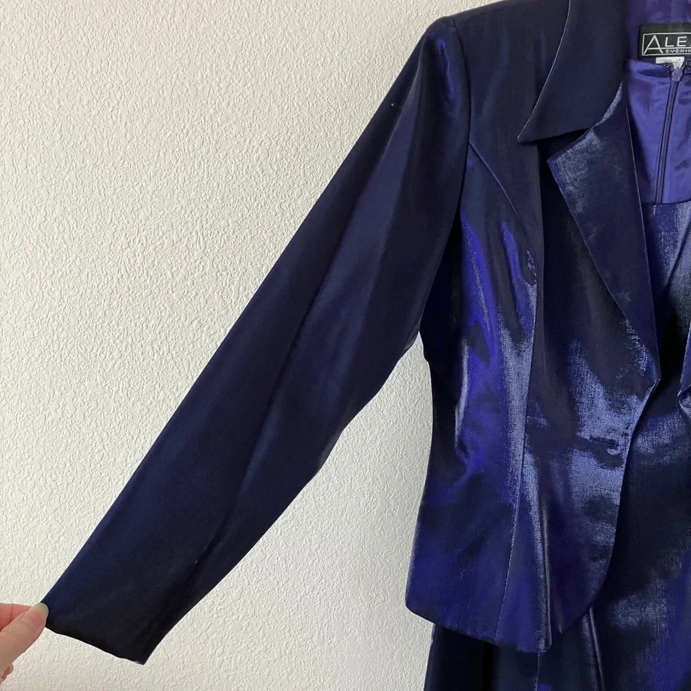 ALEX EVENINGS 2 Pc Dress Suit 14 NEW Sapphire Metallic Taffeta Rhinestone Button